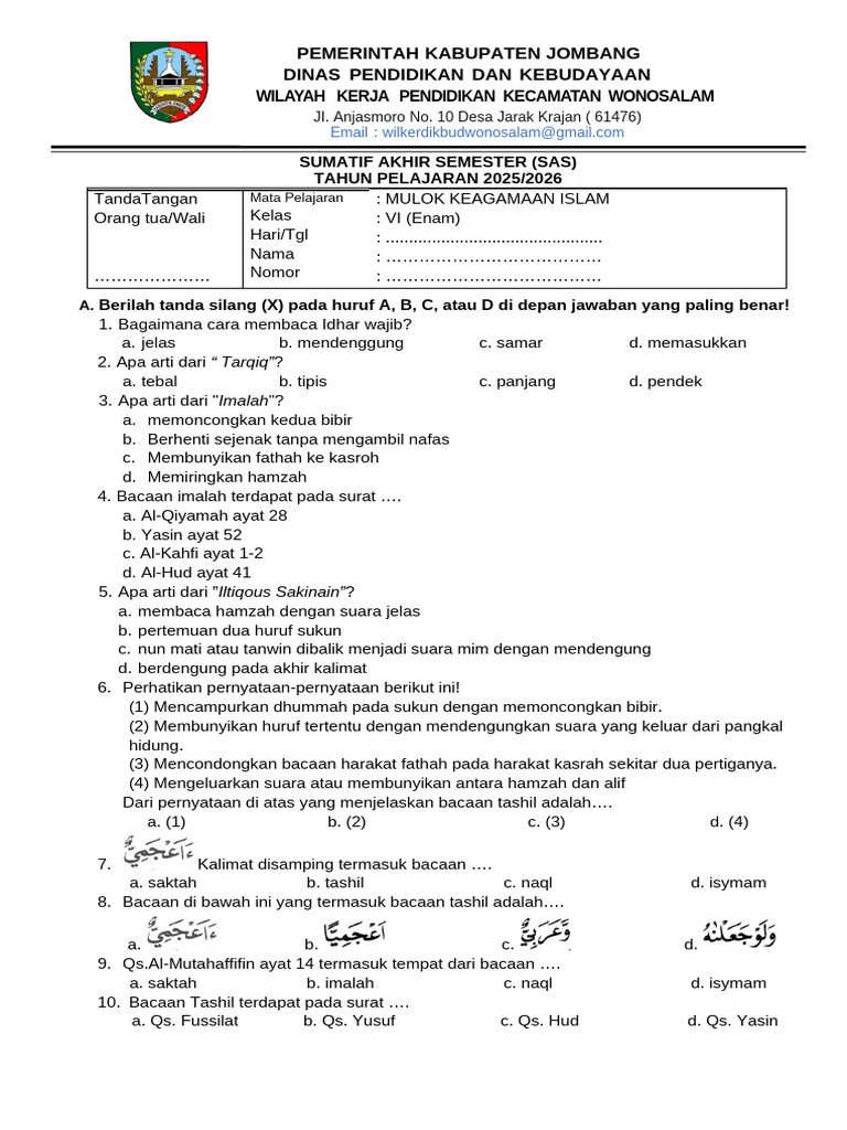 Soal Ujian Keagamaan Kelas VI PDF Soal Ujian Keagamaan Kelas VI PDF