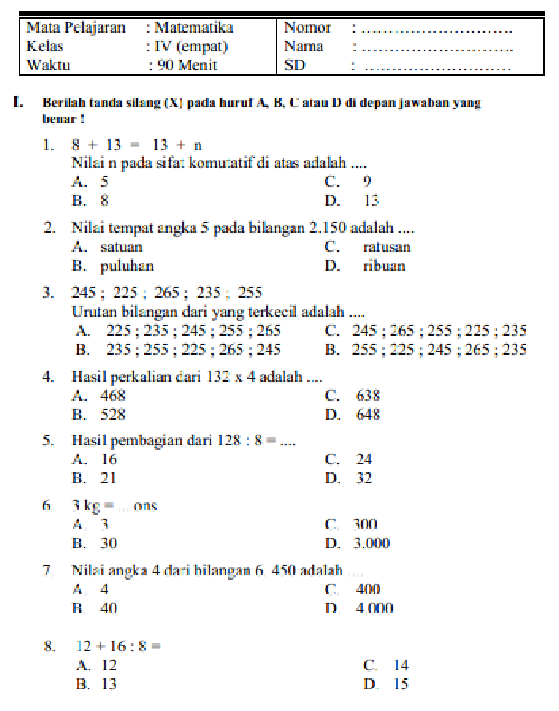 Latihan soal matematika kelas 4 Matematika kelas 4 sd Matematika sma