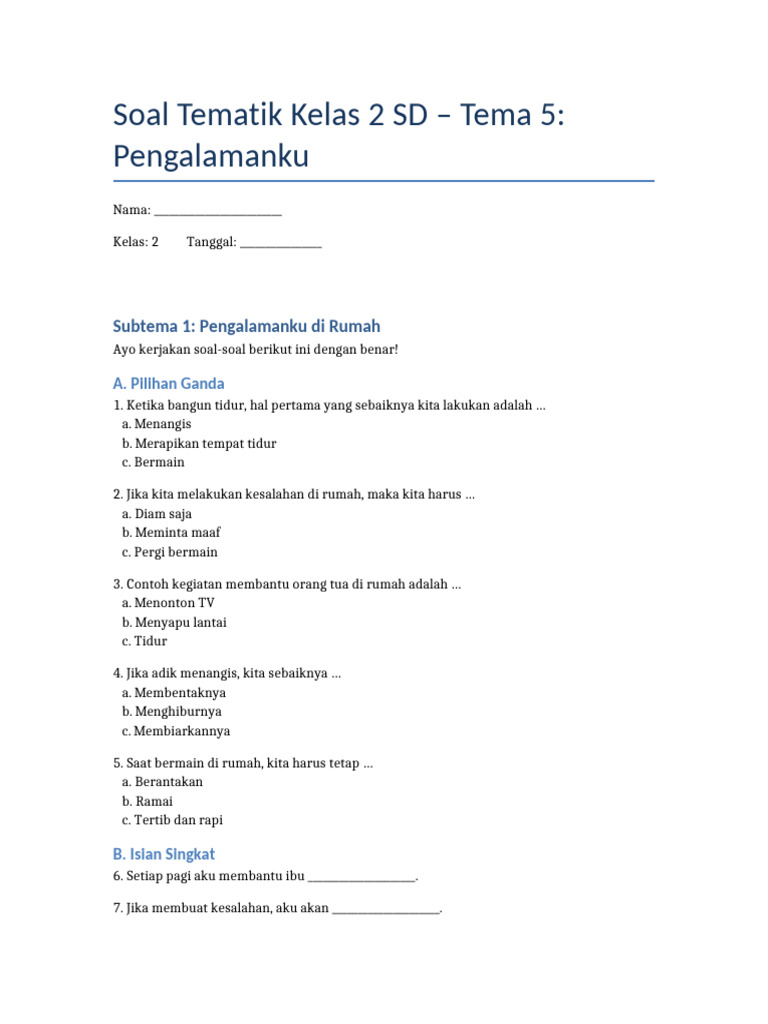 5 Lembar Soal Tema 5 Kelas 2 PDF Siap Cetak, Wajib Punya Guru 2026