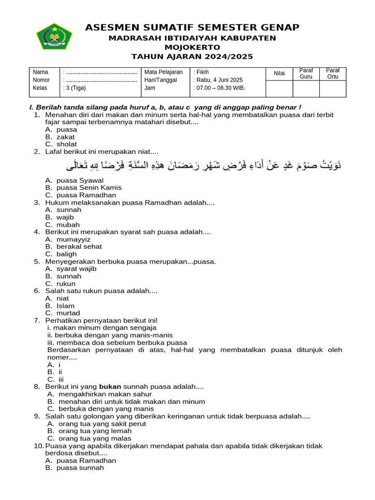 Soal Asesmen Fikih Kelas 3 MI 2025 PDF Soal Asesmen Fikih Kelas 3 MI 2025 PDF