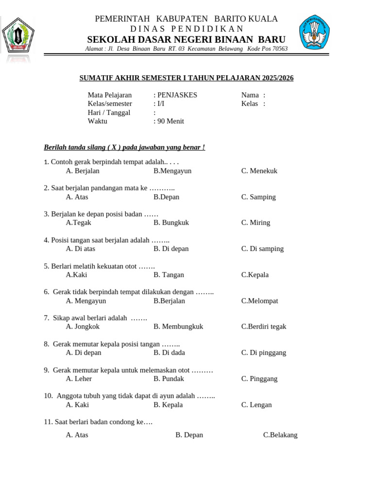 Soal Penjaskes Kelas I-IV Semester 1 PDF