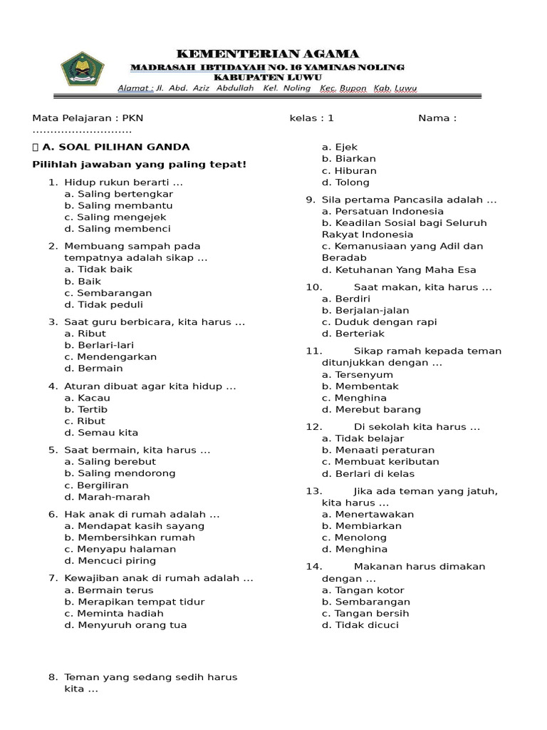 Soal PKN Kelas 1 Pilihan Ganda dan Isian PDF