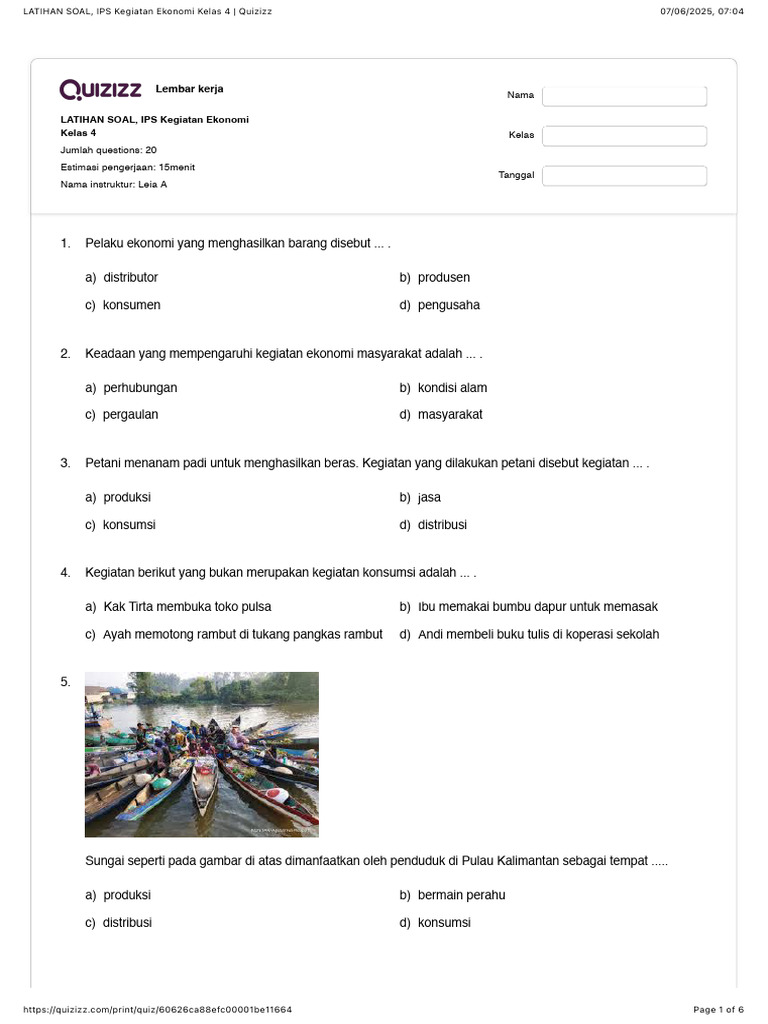 contoh soal kegiatan ekonomi kelas 4