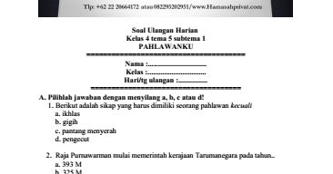 contoh soal ulangan harian kelas 4 tema 5 subtema 1