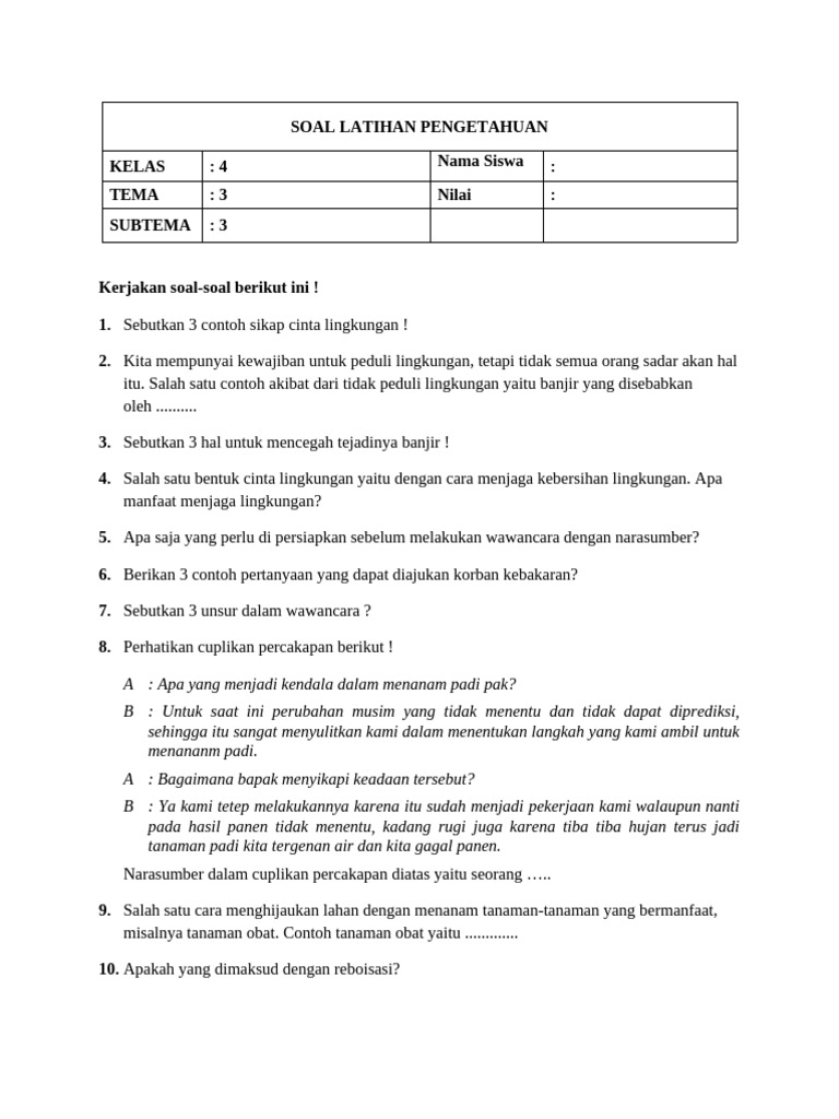 latihan soal tema 3 kelas 4 kurikulum 2013 operatorsekolah